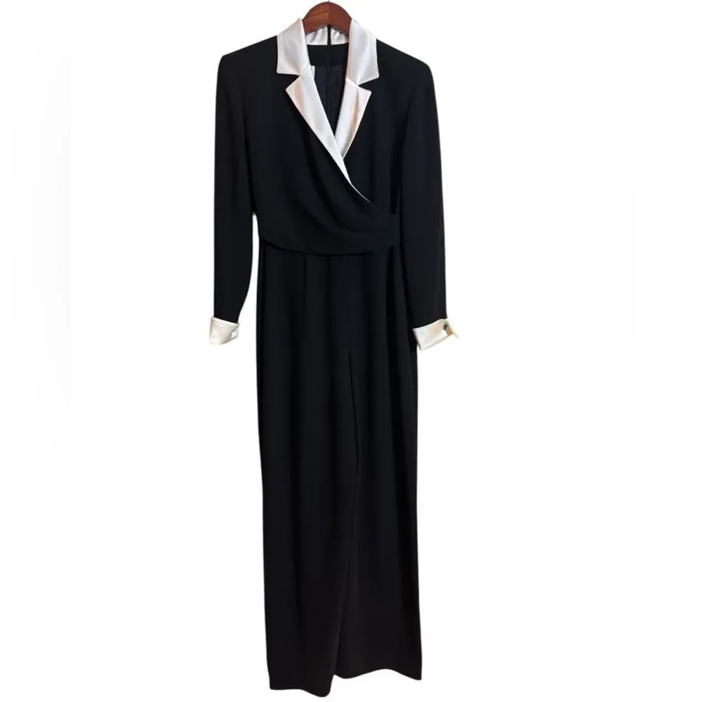 Vintage Jones of New York Black Wide Leg Jumpsuit White Satin Trim Long Sleeve 4 - Picture 2 of 10